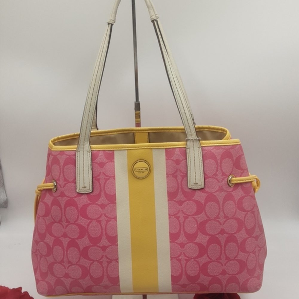 Large Coach Pink Bowler Shoulder Bag Pink Yellow Stripped